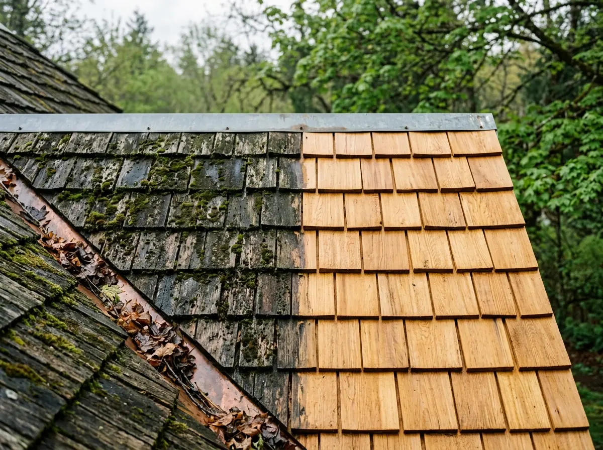 Close view of cedar shakes half cleaned, the clean side honey-colored and the other side dark with moss and lichen