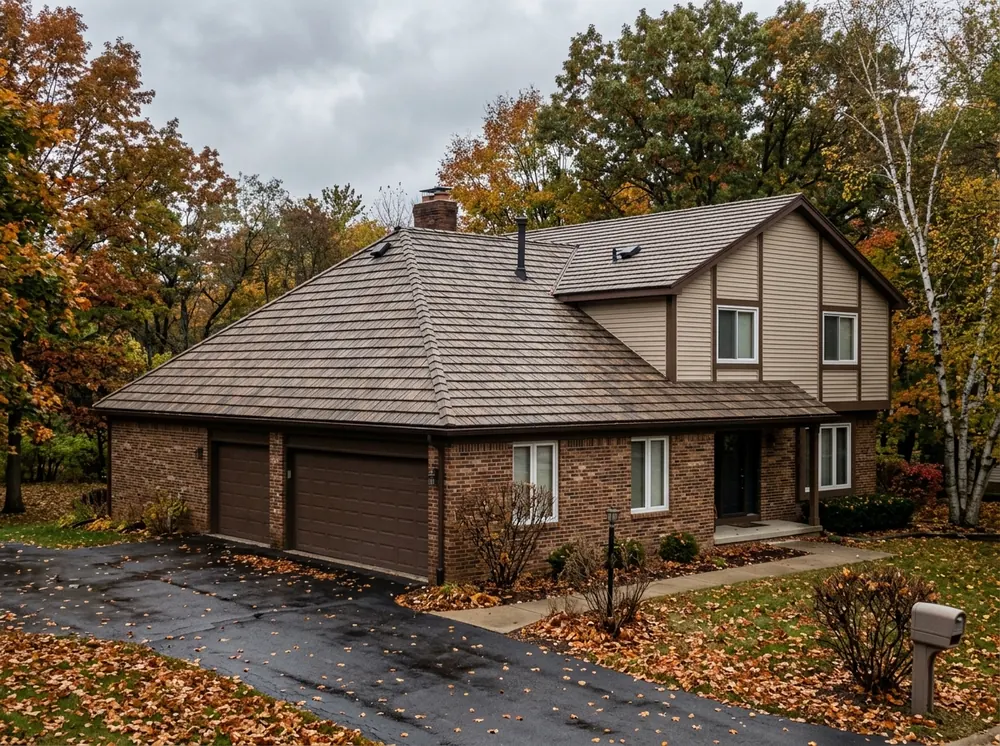 Composite synthetic shake panels in a weathered brown tone with molded split-wood texture on a roof slope
