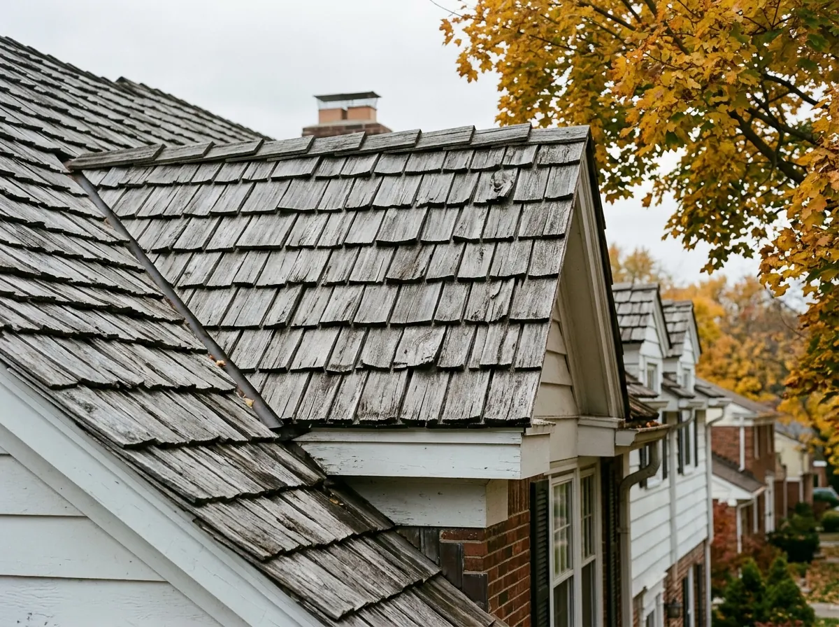 Close view of thick hand-split cedar shakes with rough split faces and deep shadow lines on a roof