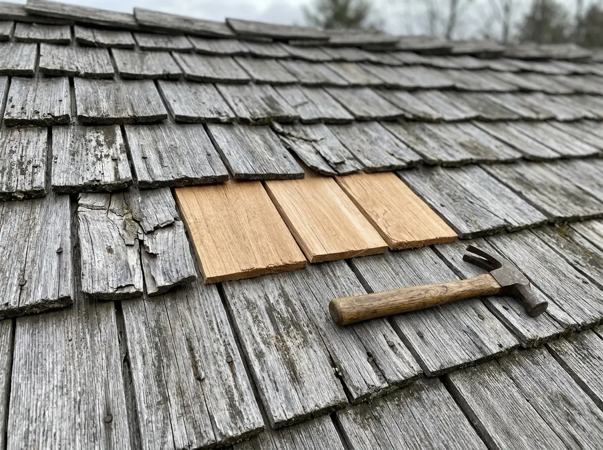 Cracked and cupped cedar shakes on an older roof next to a few freshly replaced tan shakes