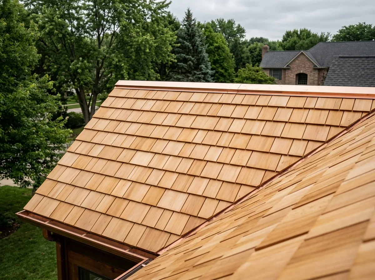 Neat even courses of tapersawn cedar shakes with smooth sawn faces and crisp butt lines