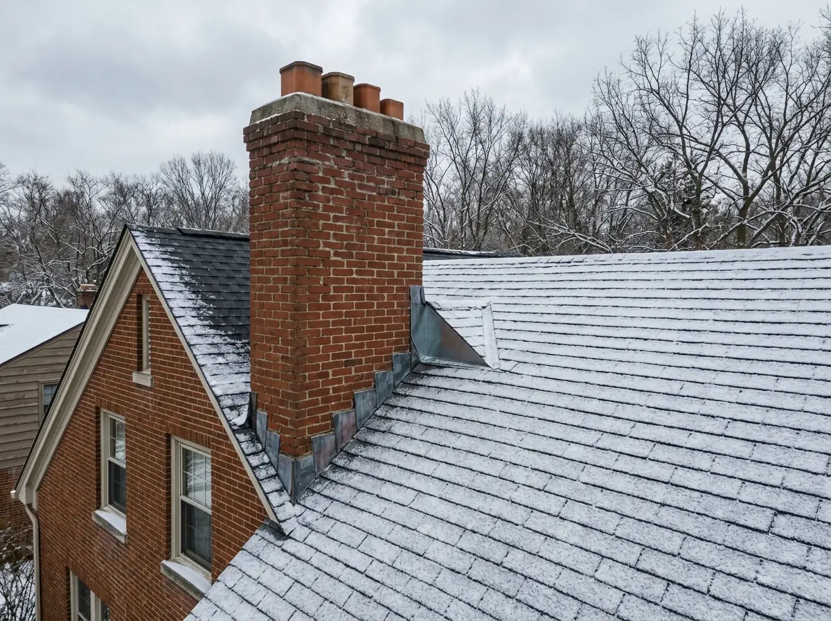 Small sheet-metal cricket on the uphill side of a wide brick chimney dividing the roof slope, with a light layer of snow around it