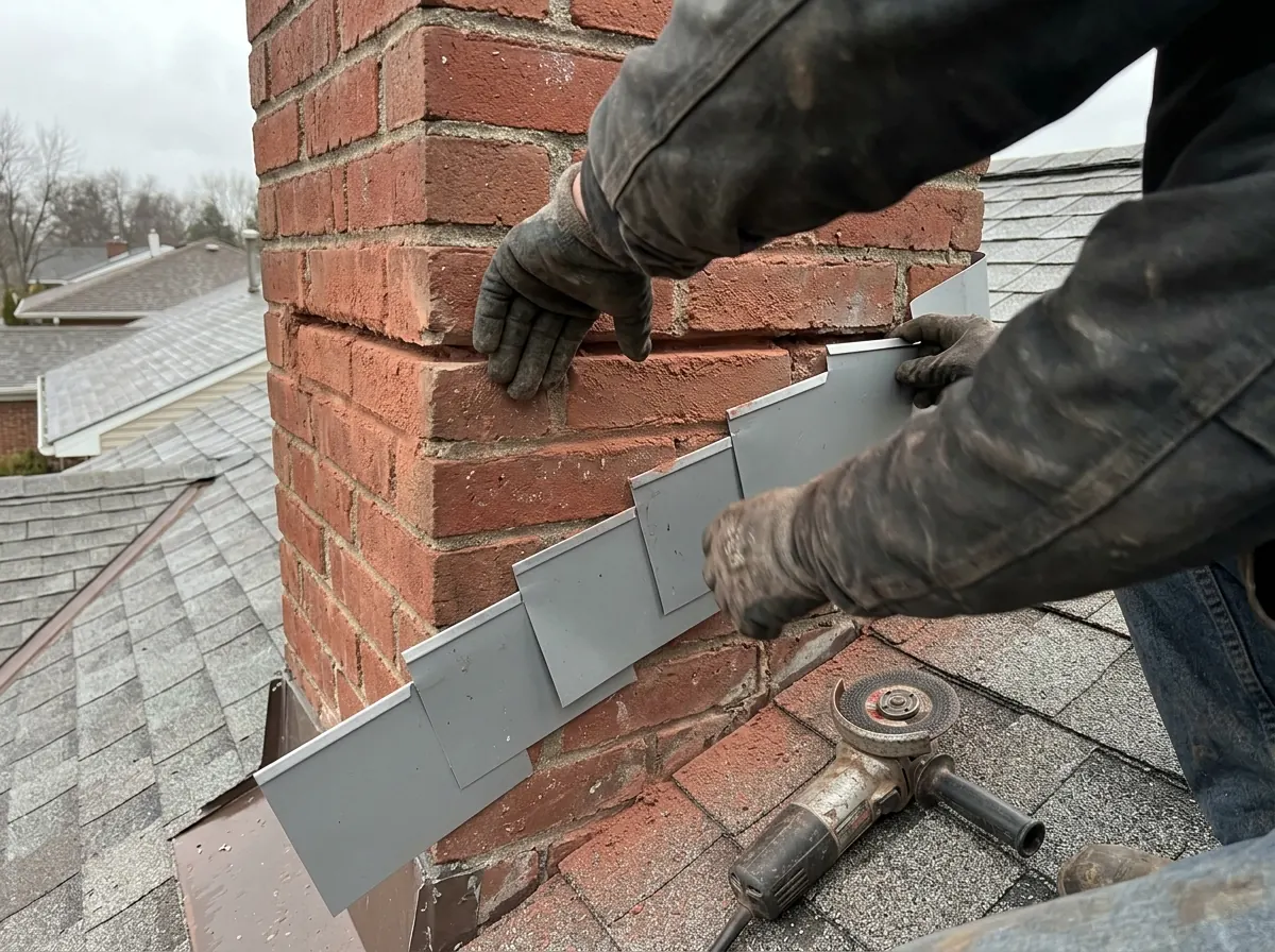 Roofer's hands, seen from behind, pressing a bent counterflashing strip into a freshly ground mortar joint on a brick chimney