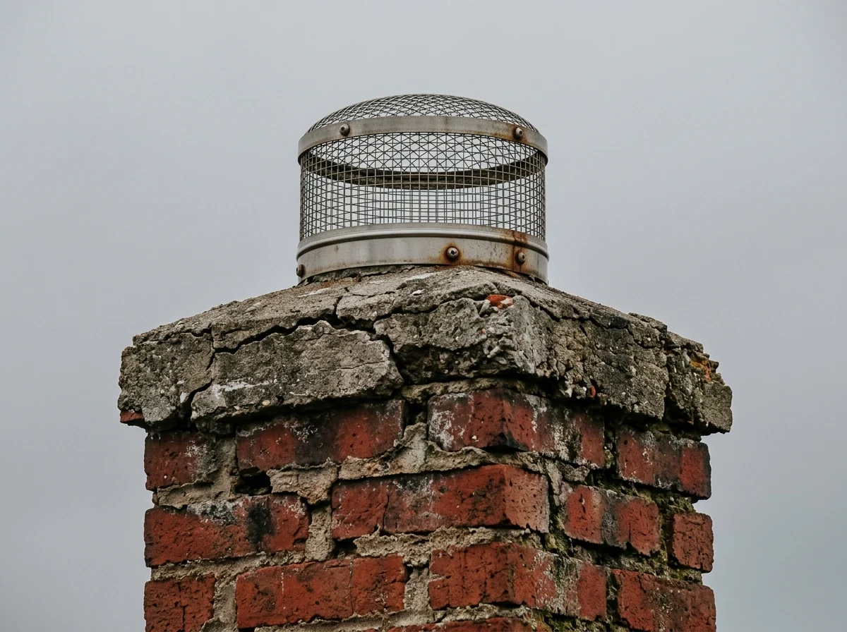 Top of a weathered brick chimney with a cracked concrete crown and a stainless steel flue cap against a gray sky