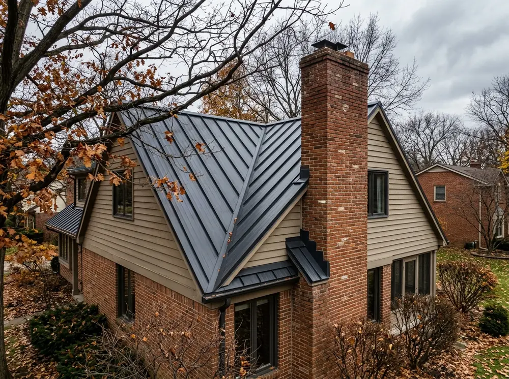 Charcoal standing seam metal roof panels meeting a brick chimney with a matching metal cricket and counterflashing