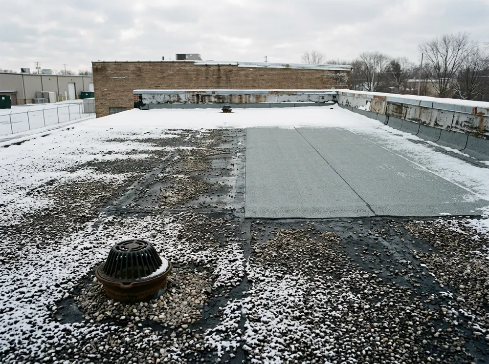 Built-up gravel roof beside a newer granule-surfaced modified bitumen section on a flat commercial roof