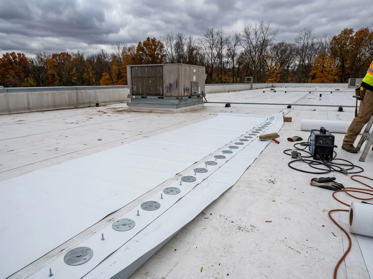 Rows of plates and screws fastening white single-ply membrane at the seam laps on a large low-slope commercial roof