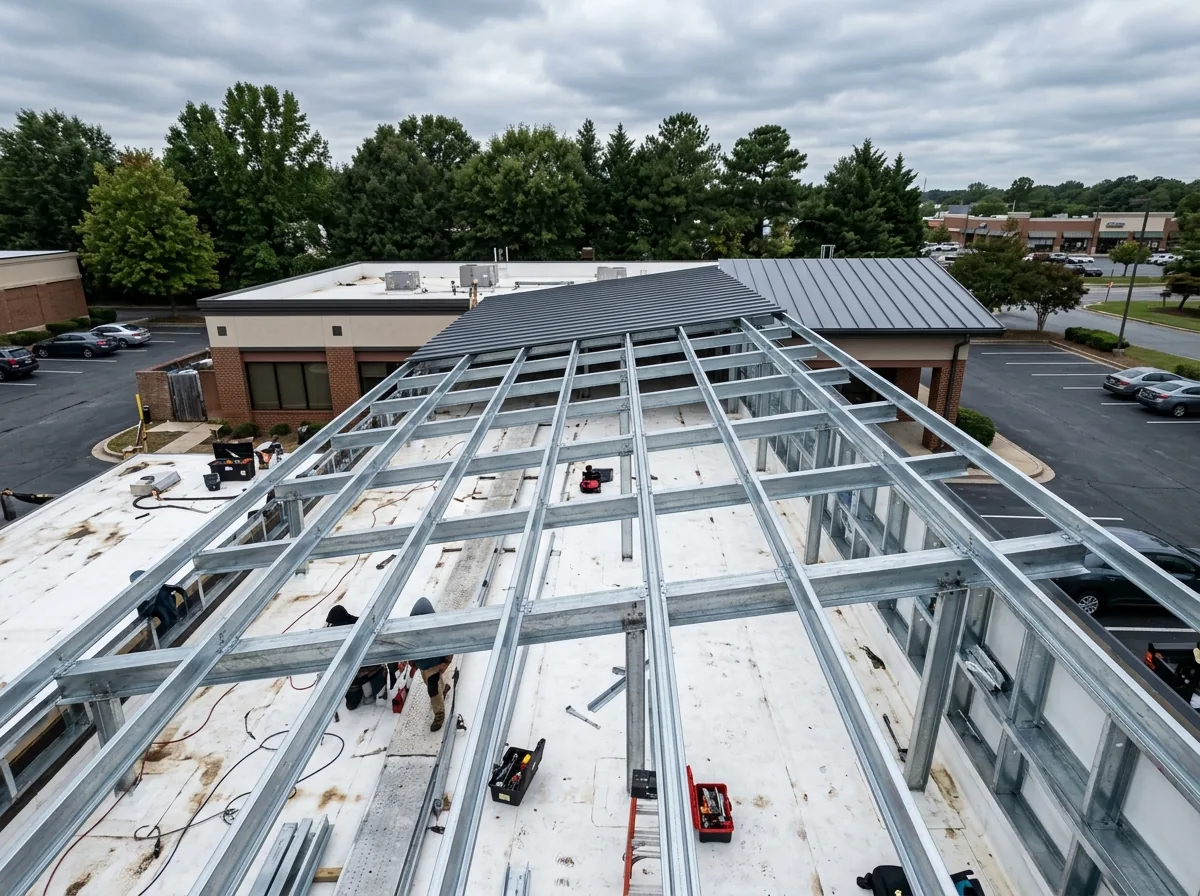 Light-gauge steel framing members creating a new slope above an existing flat roof before metal panels are installed