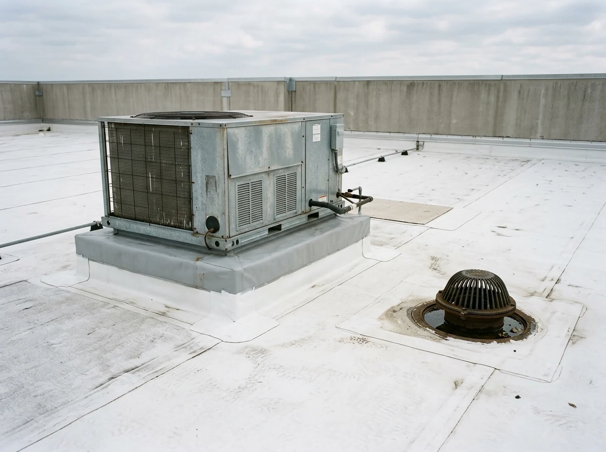Rooftop HVAC unit on a flashed curb next to a roof drain with a metal strainer dome on a membrane roof
