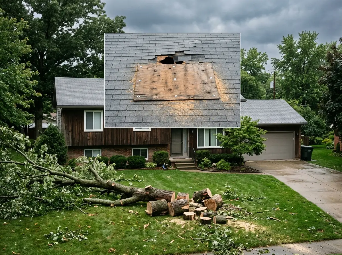 Plywood sheet screwed over a hole in a shingle roof beside a cut-up fallen tree limb, sawdust on the shingles