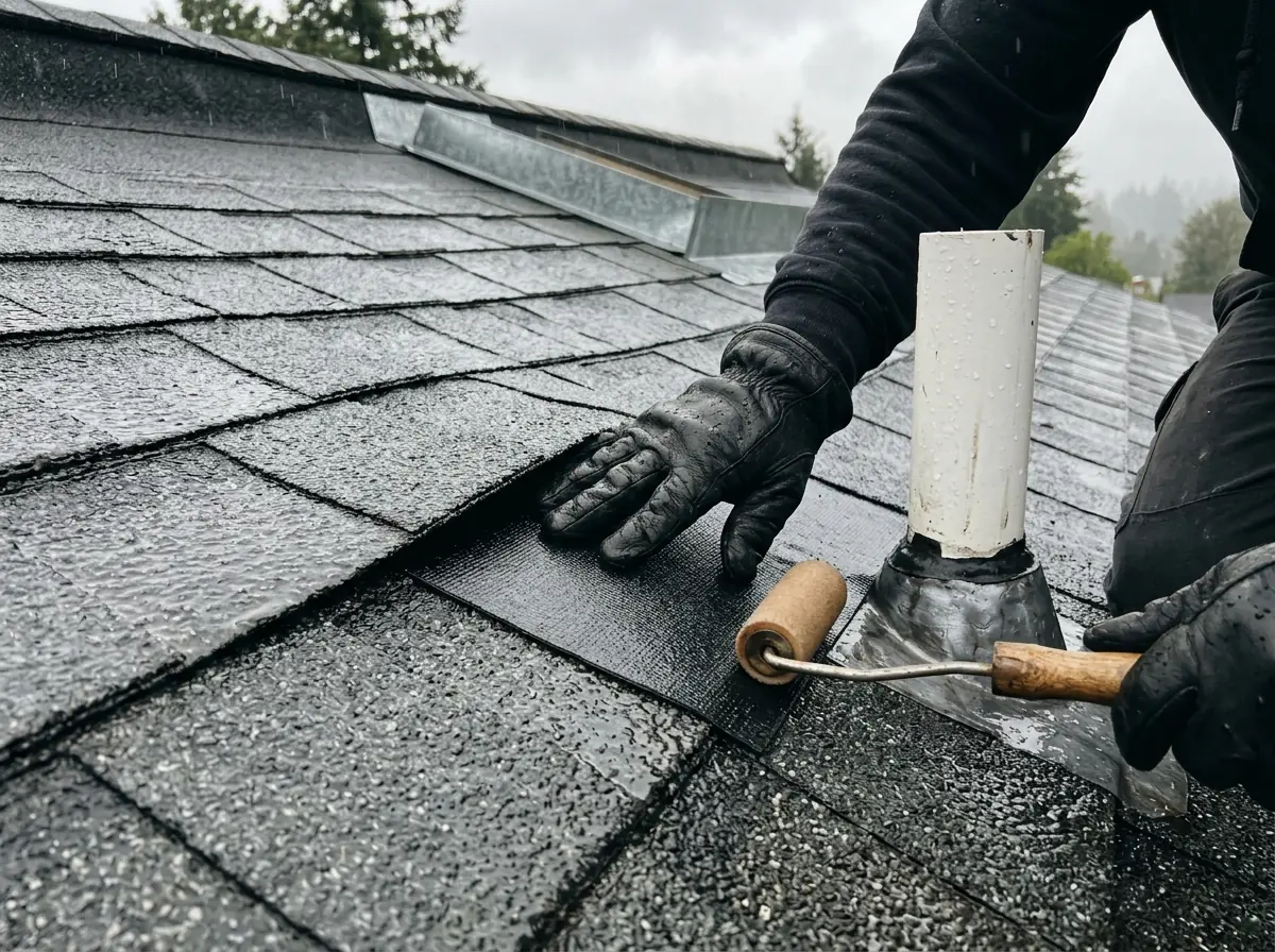 Gloved hand pressing a square of self-adhered membrane over a lifted shingle area beside a vent pipe on a wet roof