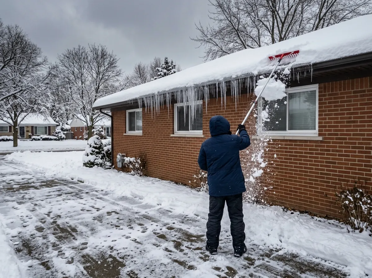 Roofer seen from behind using a long-handled snow rake to pull heavy wet snow off the lower edge of a ranch house roof