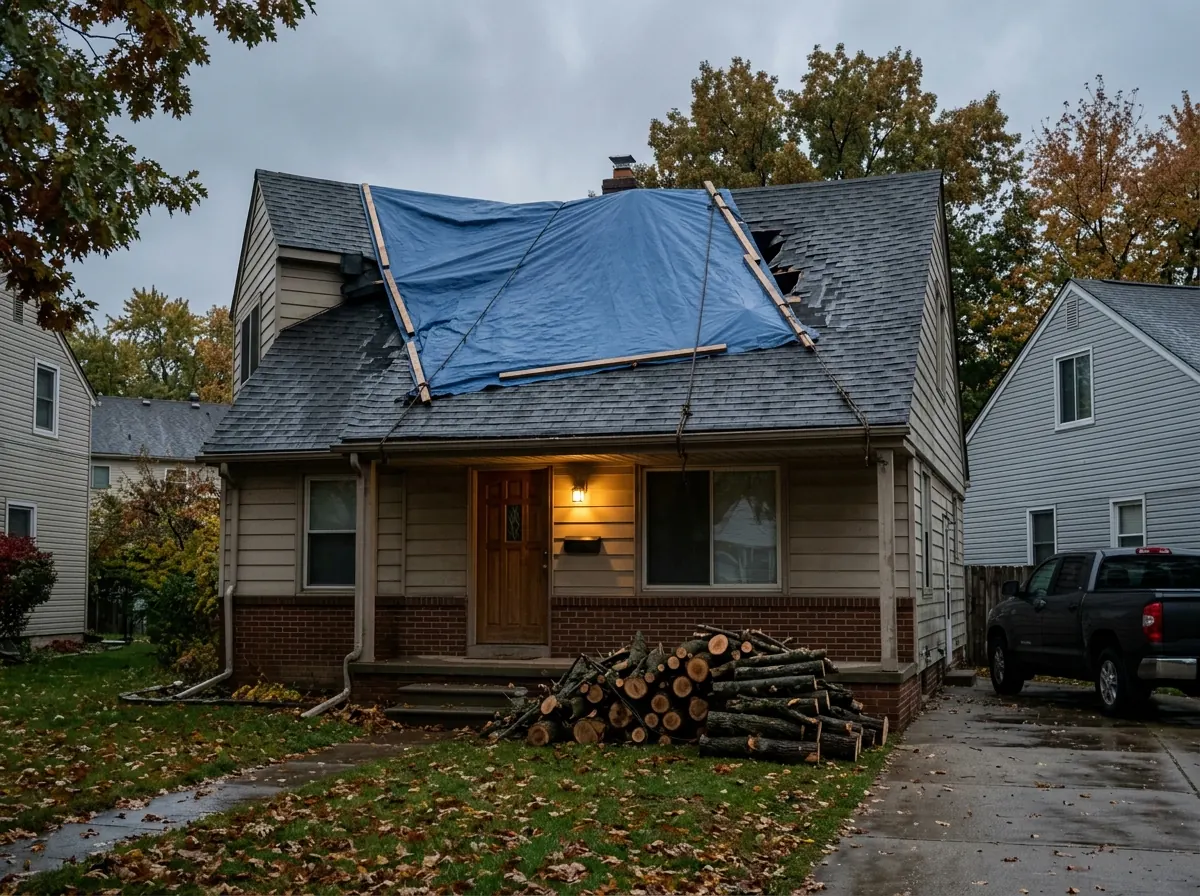 Blue tarp fastened with wooden battens over a damaged roof section, a cut-up fallen tree limb stacked on the lawn