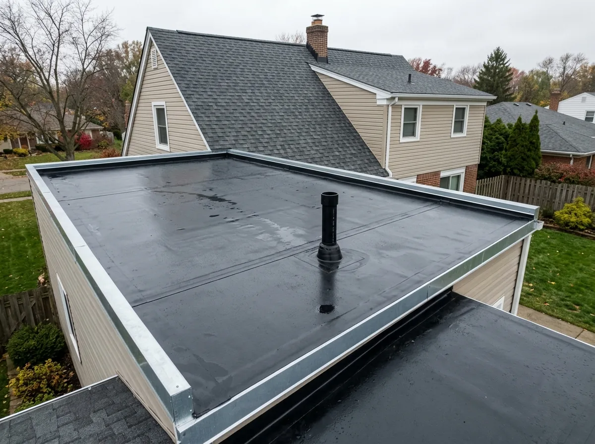 Black EPDM rubber membrane on a low-slope garage and rear addition roof, with metal edge trim and a flashed vent pipe