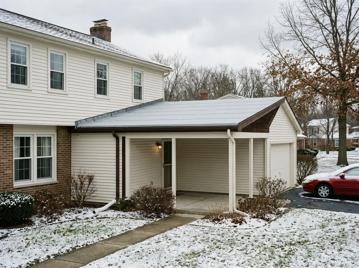 Low-slope breezeway roof joining a house and garage, covered in gray membrane with flashing turned up the siding
