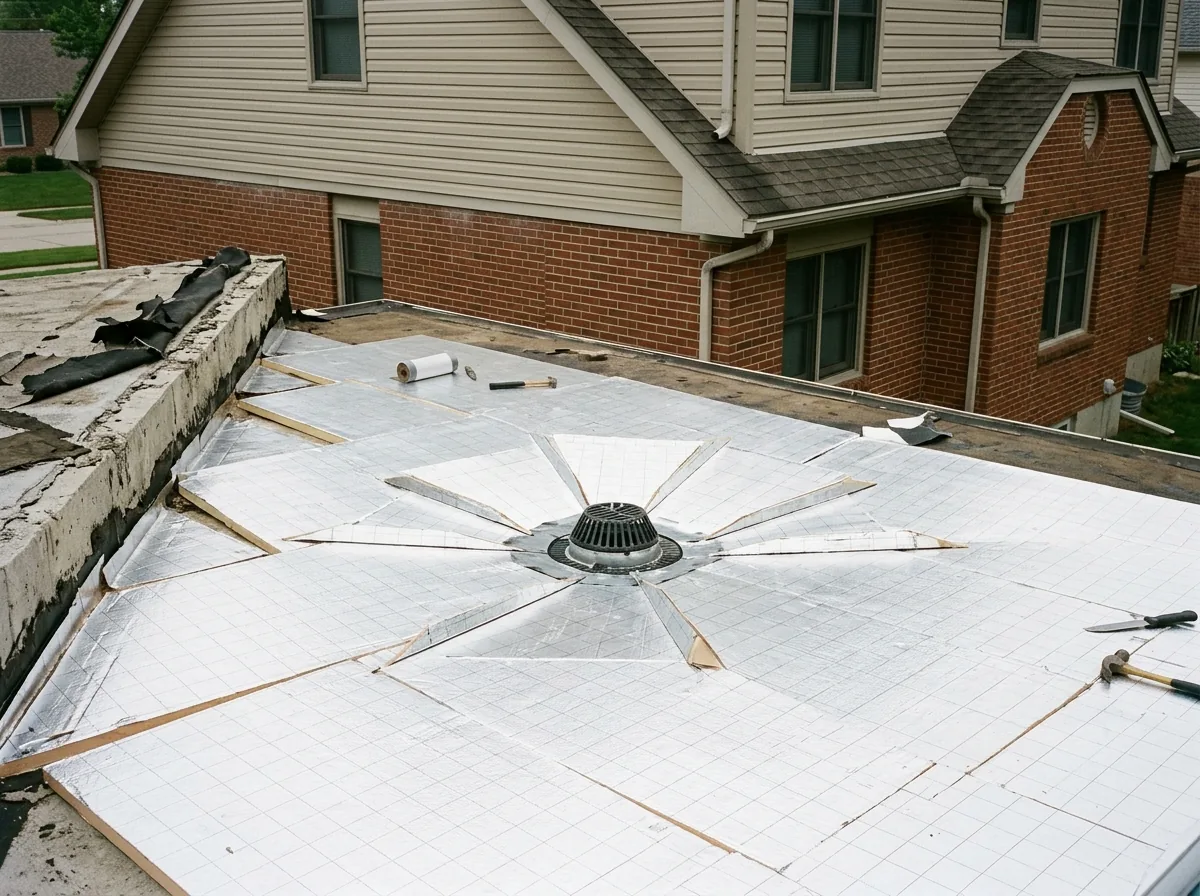 Tapered polyiso insulation boards laid in a fan pattern toward a roof drain before the membrane goes down