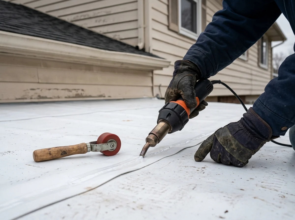 White TPO membrane being hot-air welded at a seam on a low-slope roof, gloved hand guiding the welder