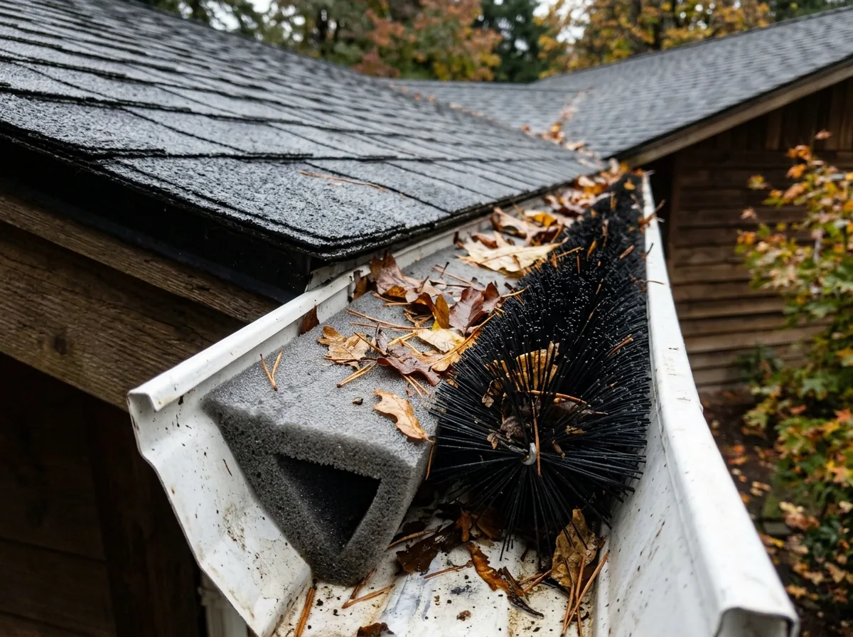 Gray foam gutter insert and a bristle brush insert lying side by side inside an open aluminum gutter trough