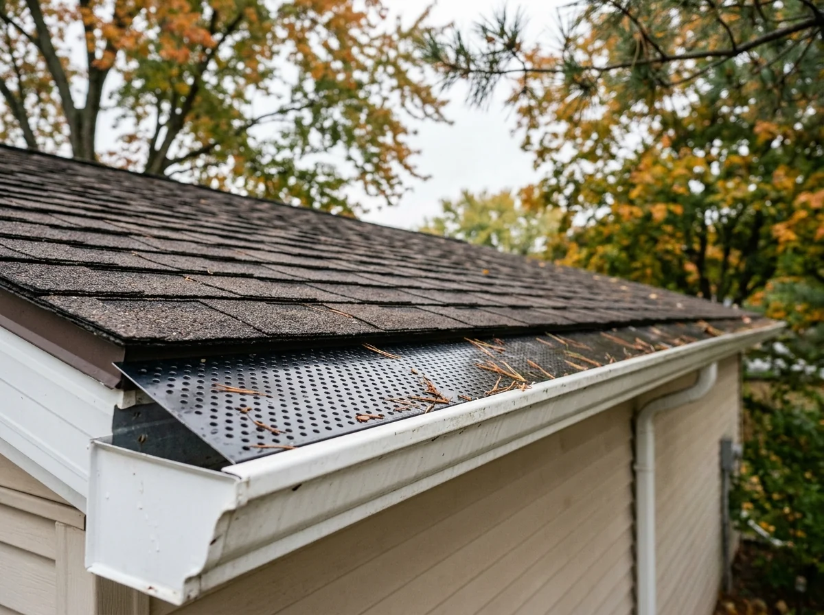 Perforated aluminum gutter guard panels snapped onto a white K-style gutter along a shingled roof edge
