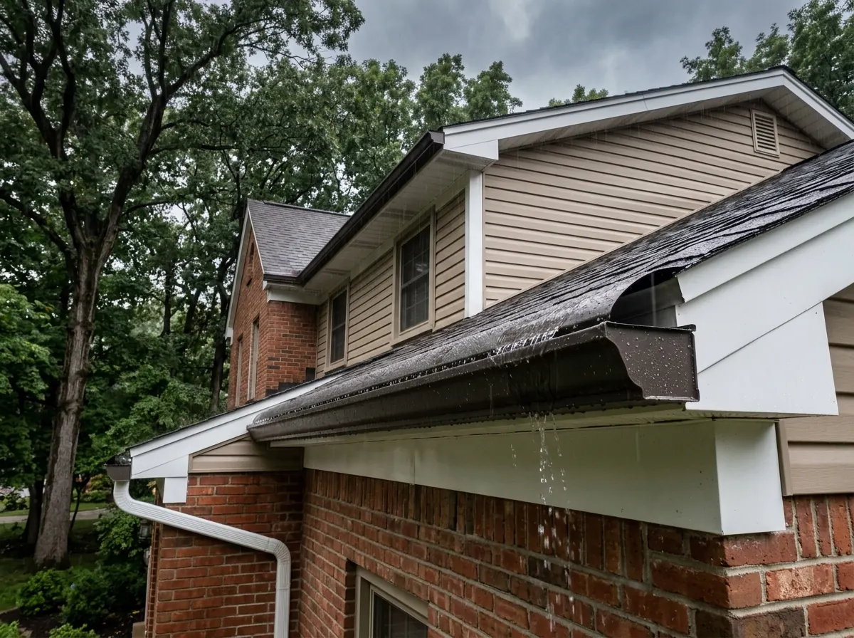 Solid aluminum reverse-curve gutter hood with a rounded front nose covering a gutter along a two-storey roof eave