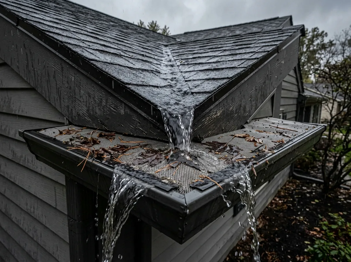 Inside corner of a gutter below a roof valley where water pours off the shingles onto a micro-mesh gutter guard