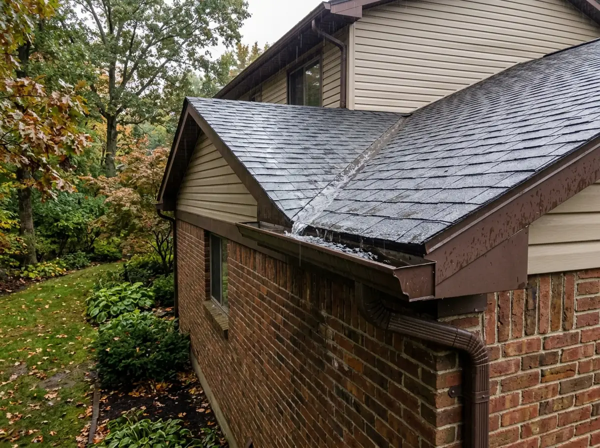Wide 6-inch K-style gutter collecting water at the bottom of a roof valley on a two-story colonial during rain
