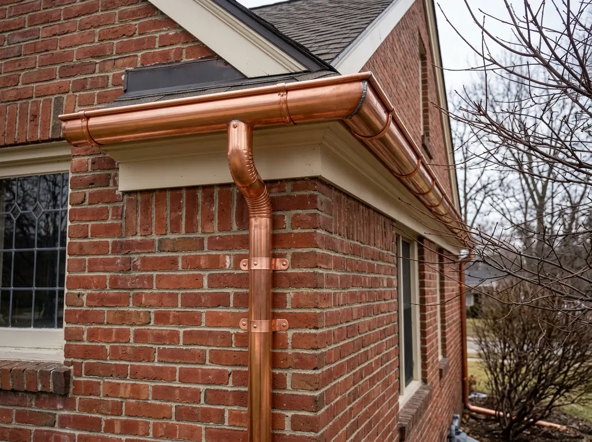 Copper half-round gutter and round copper downspout with soldered seams on a red brick colonial, the metal still bright