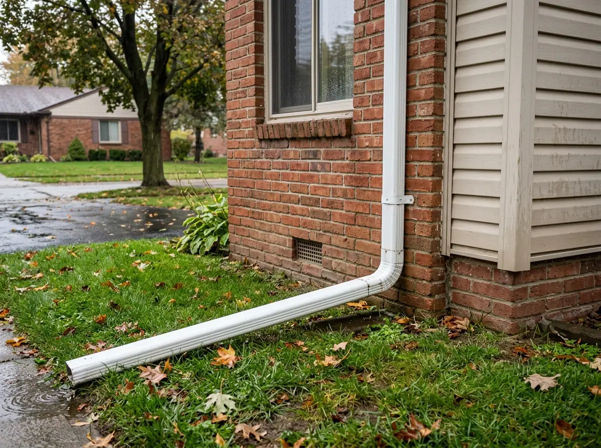 Rectangular aluminum downspout ending in an elbow and a long extension that carries water across the lawn away from a brick foundation