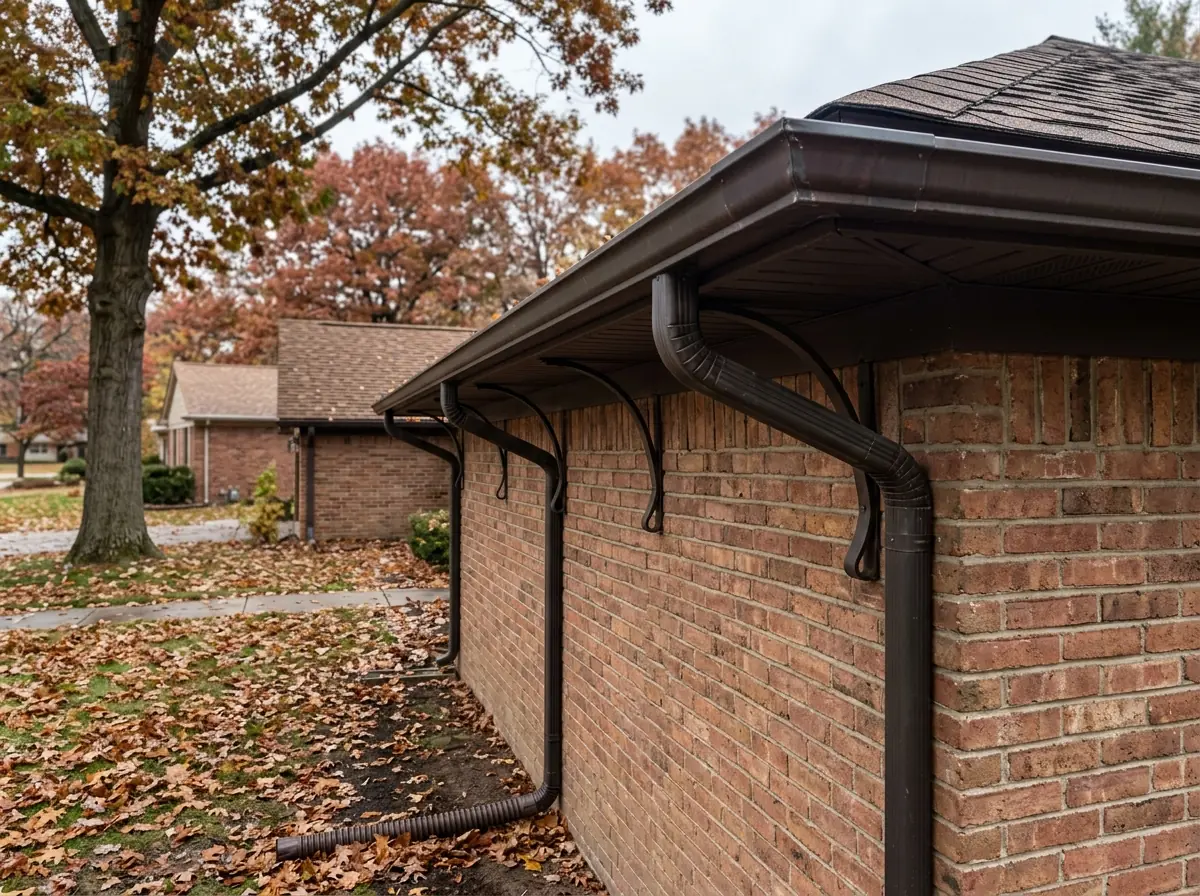 Bronze half-round gutter on exposed curved brackets under the eave of a brick house, with a round downspout at the corner