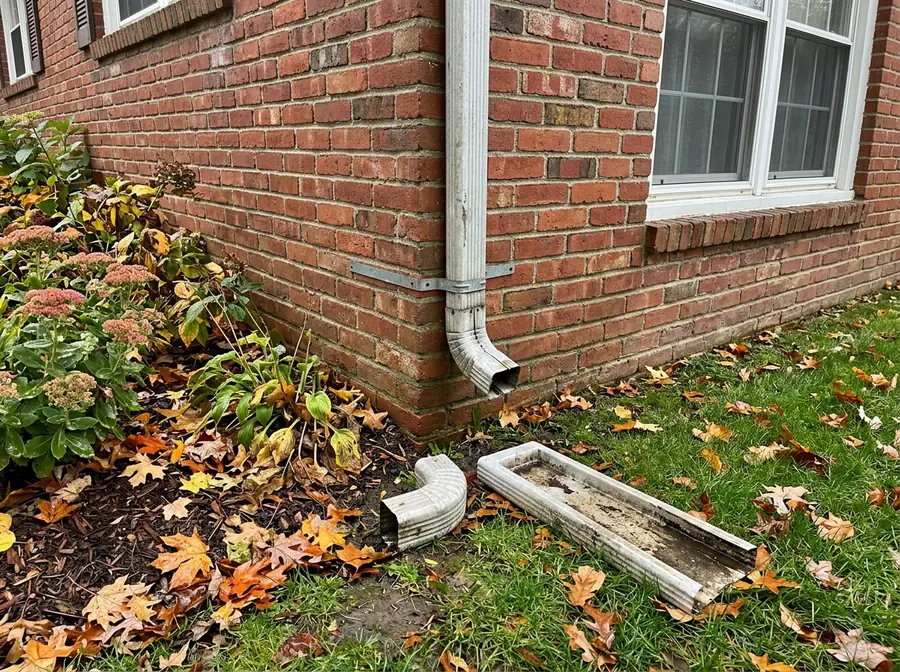 Aluminum downspout on a brick wall with a separated lower elbow and a downspout extension lying on the grass