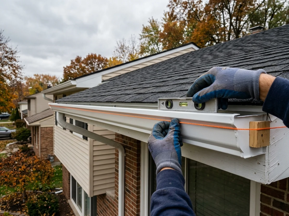 Level and string line held along an aluminum gutter run to check its slope toward the downspout outlet