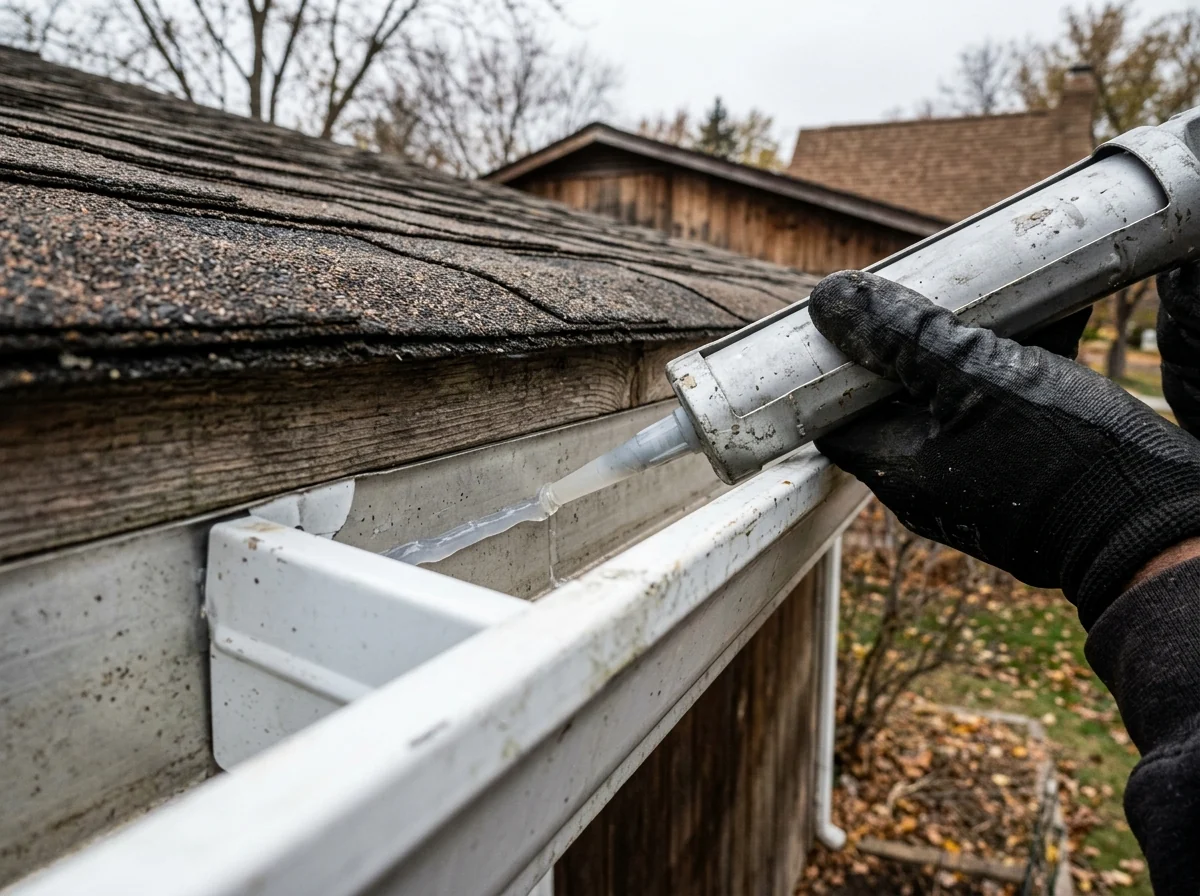 Gloved hand running a bead of gutter sealant along the inside seam of an aluminum gutter end cap