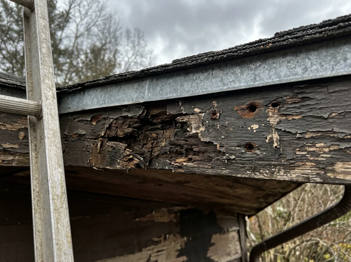 Gutter taken down to reveal a dark, soft, rotted section of wood fascia board along a shingled roof edge
