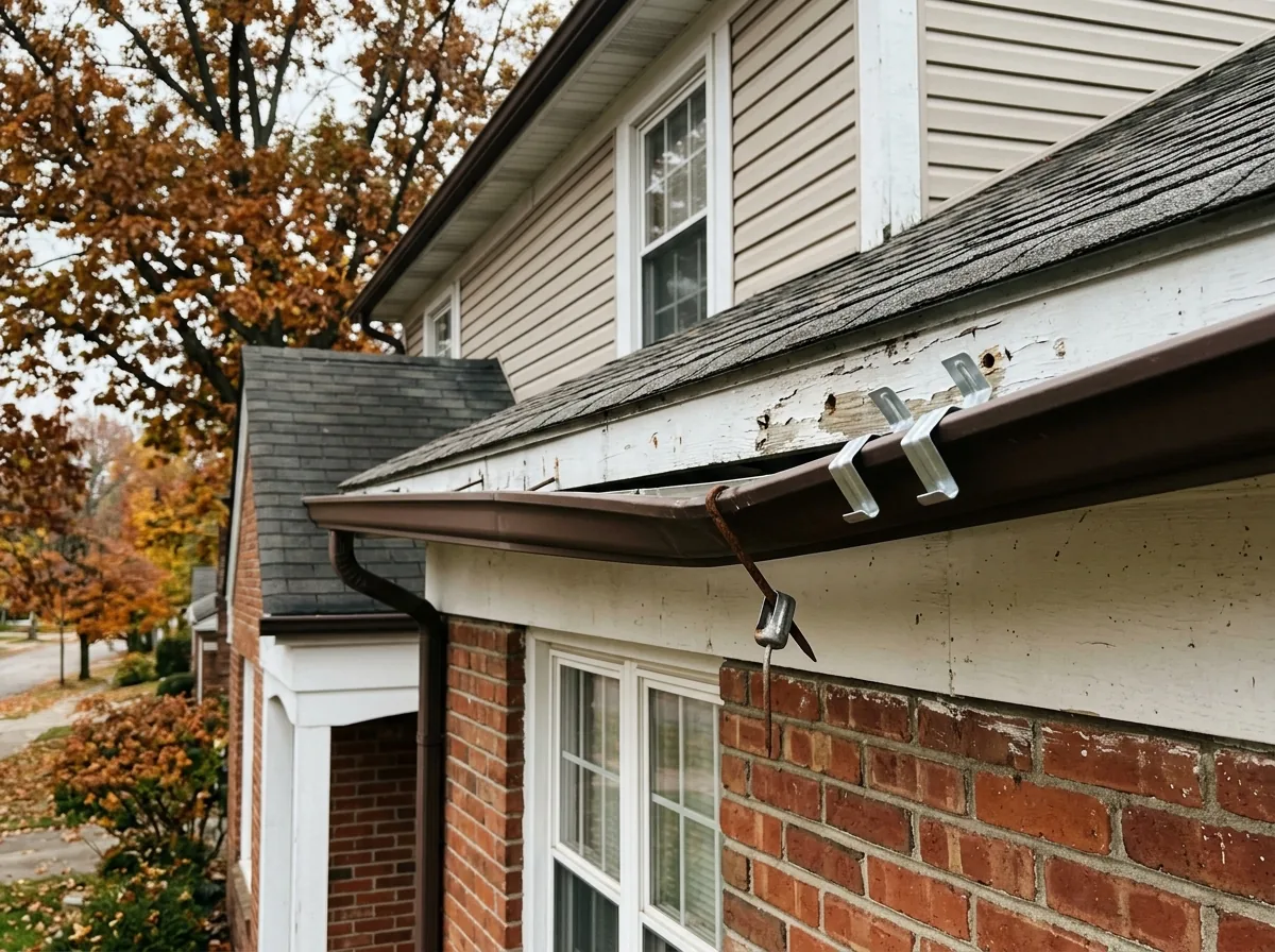 Gutter run pulling away from a wood fascia board with a loose spike, next to new hidden hangers ready to install