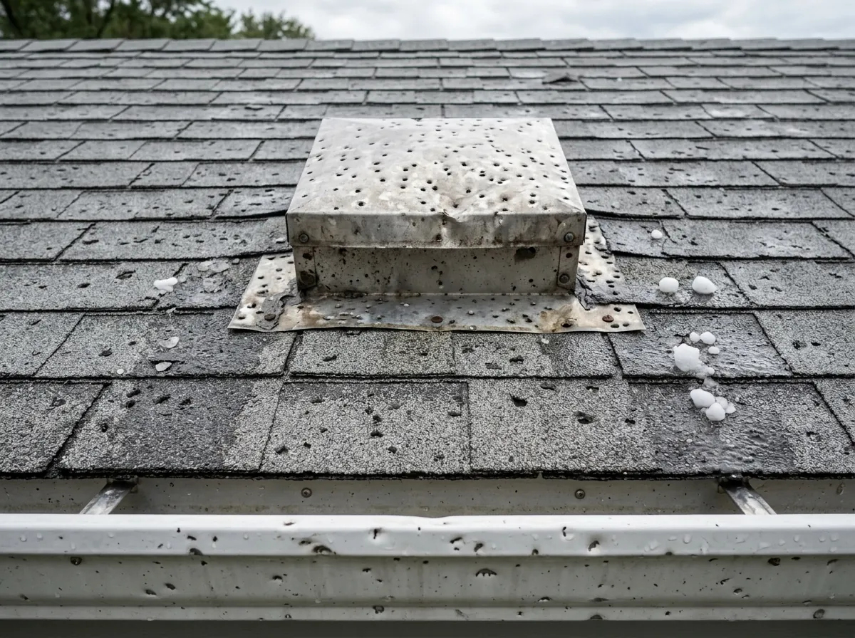 Aluminum box roof vent with small round hail dents across its top, set on a gray shingle roof