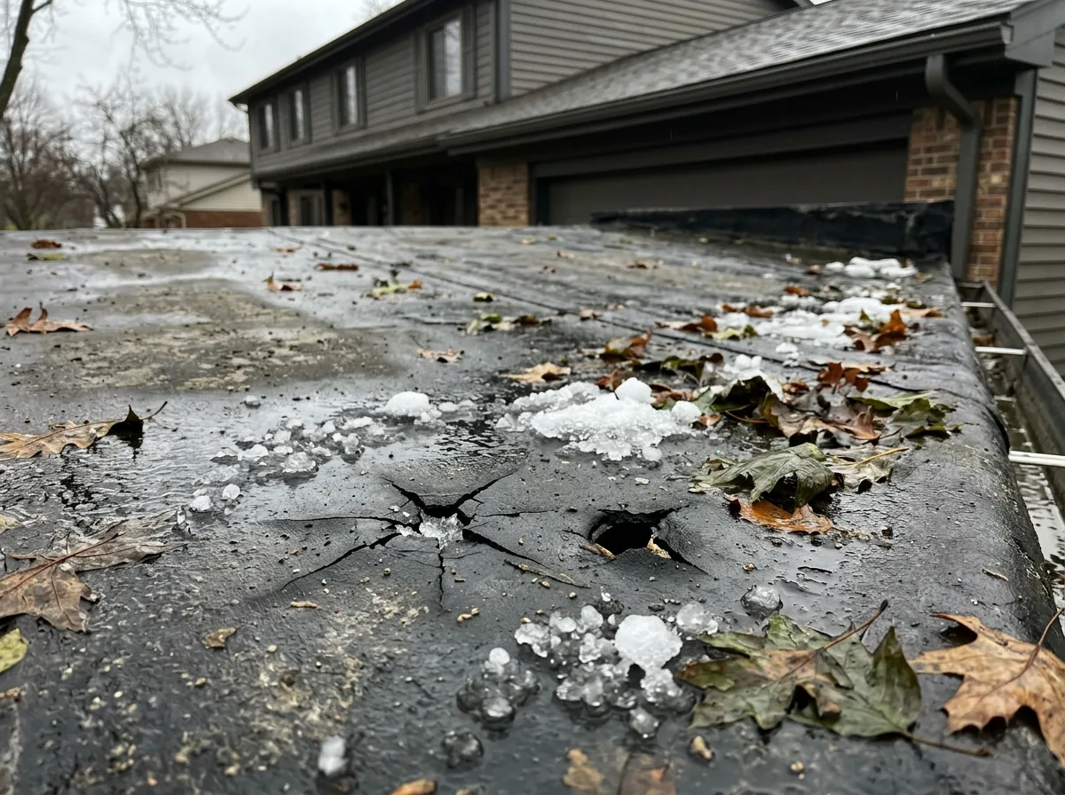 Close view of a small puncture and a cracked spot on an aged black EPDM membrane on a low-slope garage roof