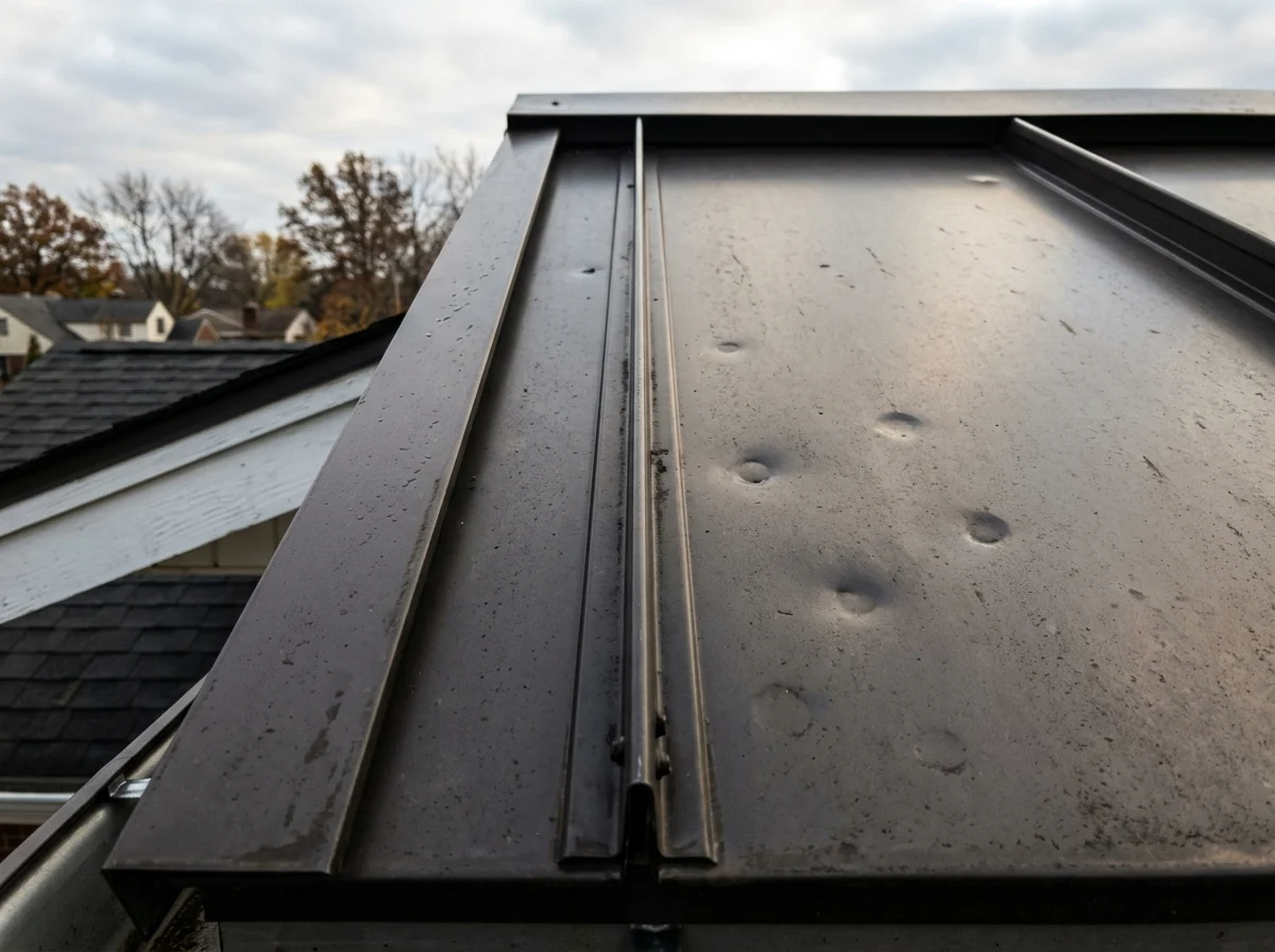 Standing seam steel roof panel with several shallow round hail dents in the flat pan catching low side light