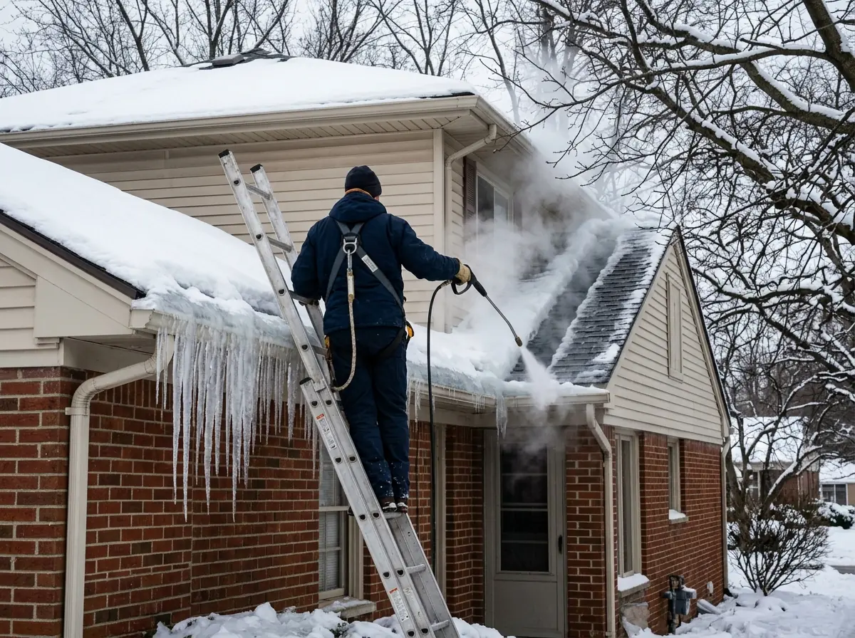 Worker seen from behind using a low-pressure steam wand to cut channels through a thick ice dam at a shingle roof eave