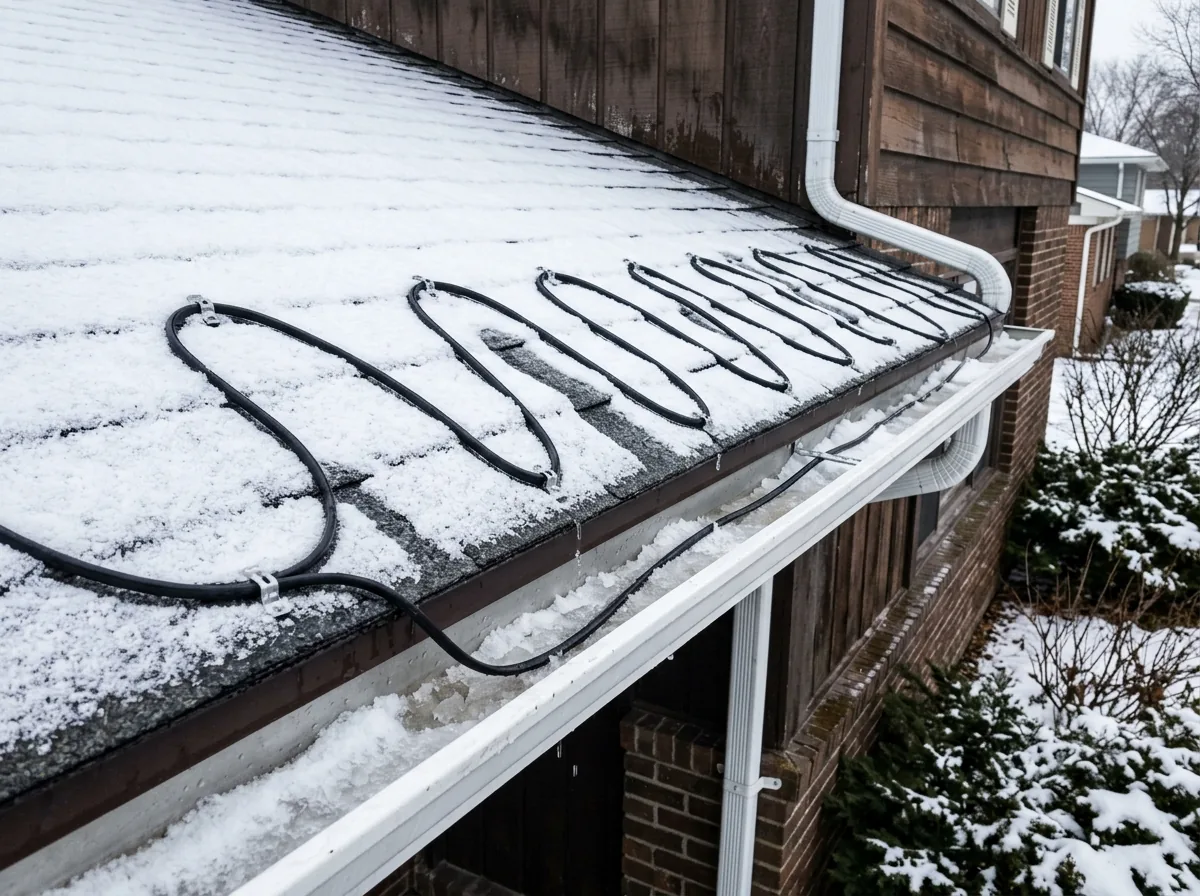 Zigzag roof de-icing heat cable clipped along a snowy shingle eave and running down into an aluminum gutter and downspout