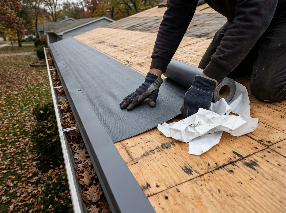 Roofer's gloved hands pressing a self-adhered rubberized ice barrier membrane onto plywood decking at the eave edge during a reroof