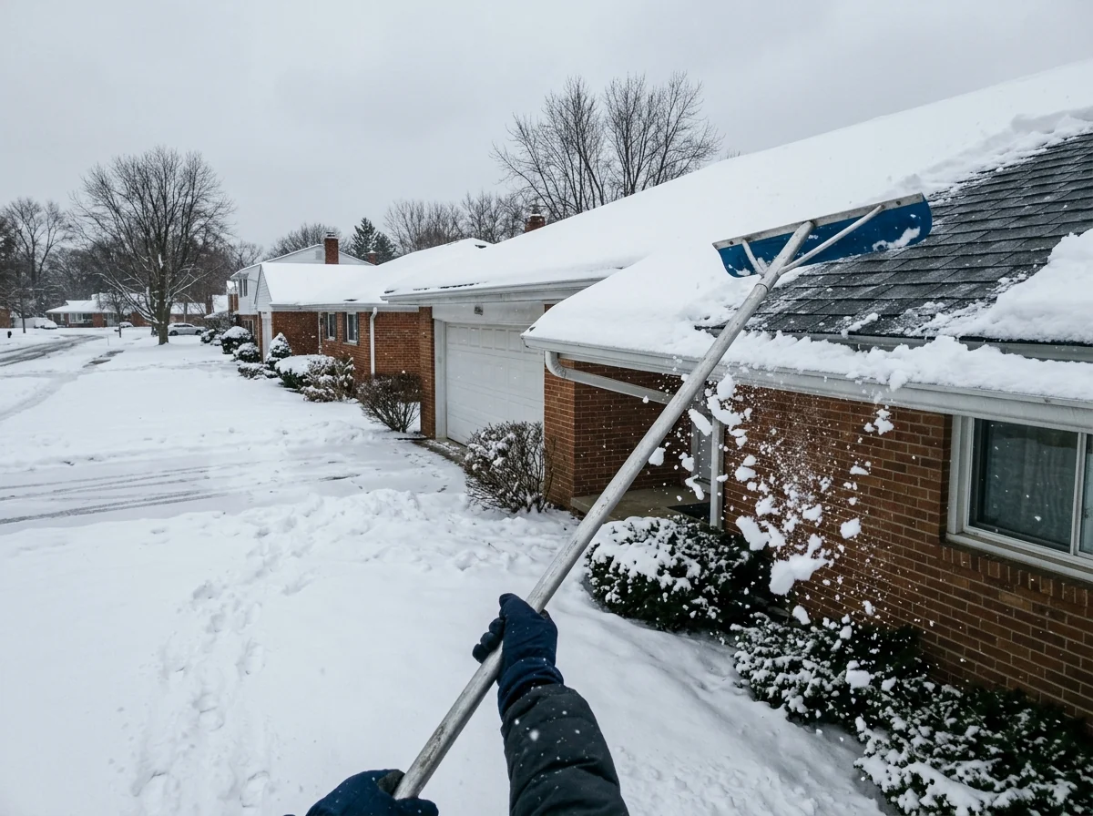 Long-handled aluminum roof rake pulling fresh snow off the lower edge of a ranch house roof, seen from the snowy lawn