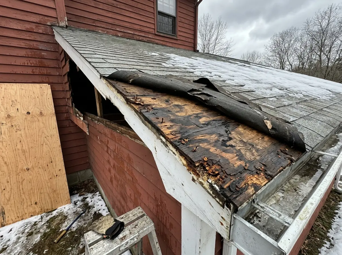 Peeled-back shingles at an eave revealing dark water-stained plywood decking and wet underlayment after an ice dam leak