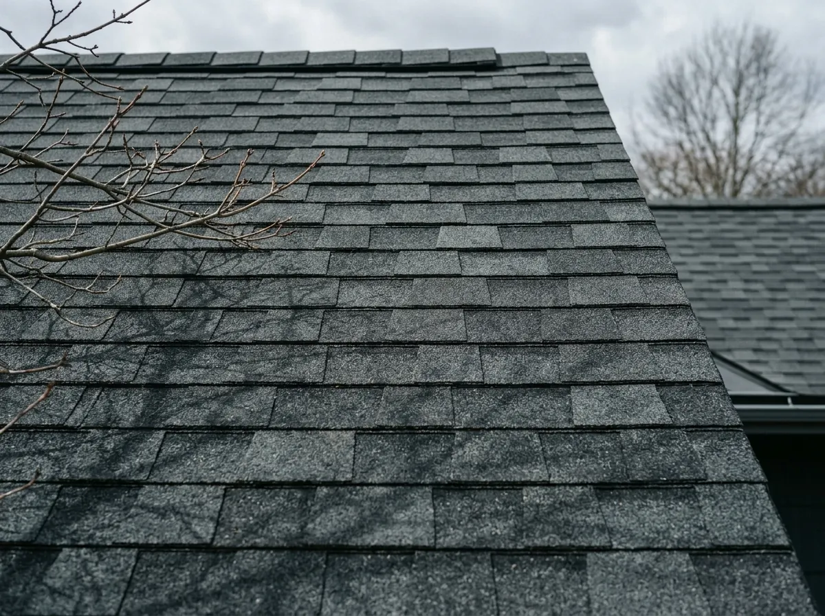 Close-up of new dark charcoal laminated architectural shingles with offset courses and a ridge cap row