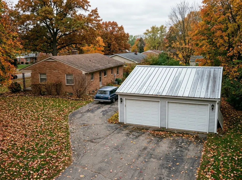 Detached garage roofed in silver Galvalume R-panel steel sheets with exposed screws along the ribs, a brick ranch house behind it