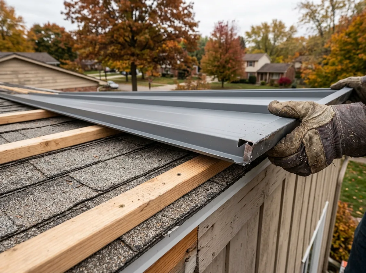 Gray steel panels being laid over an existing layer of old asphalt shingles on wood battens, with the old shingles visible at the open edge