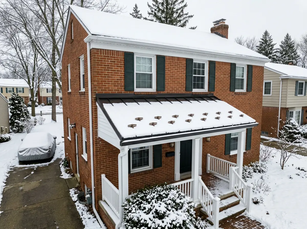 Two staggered rows of metal snow guards on a dark bronze metal roof above a front porch, holding a layer of snow