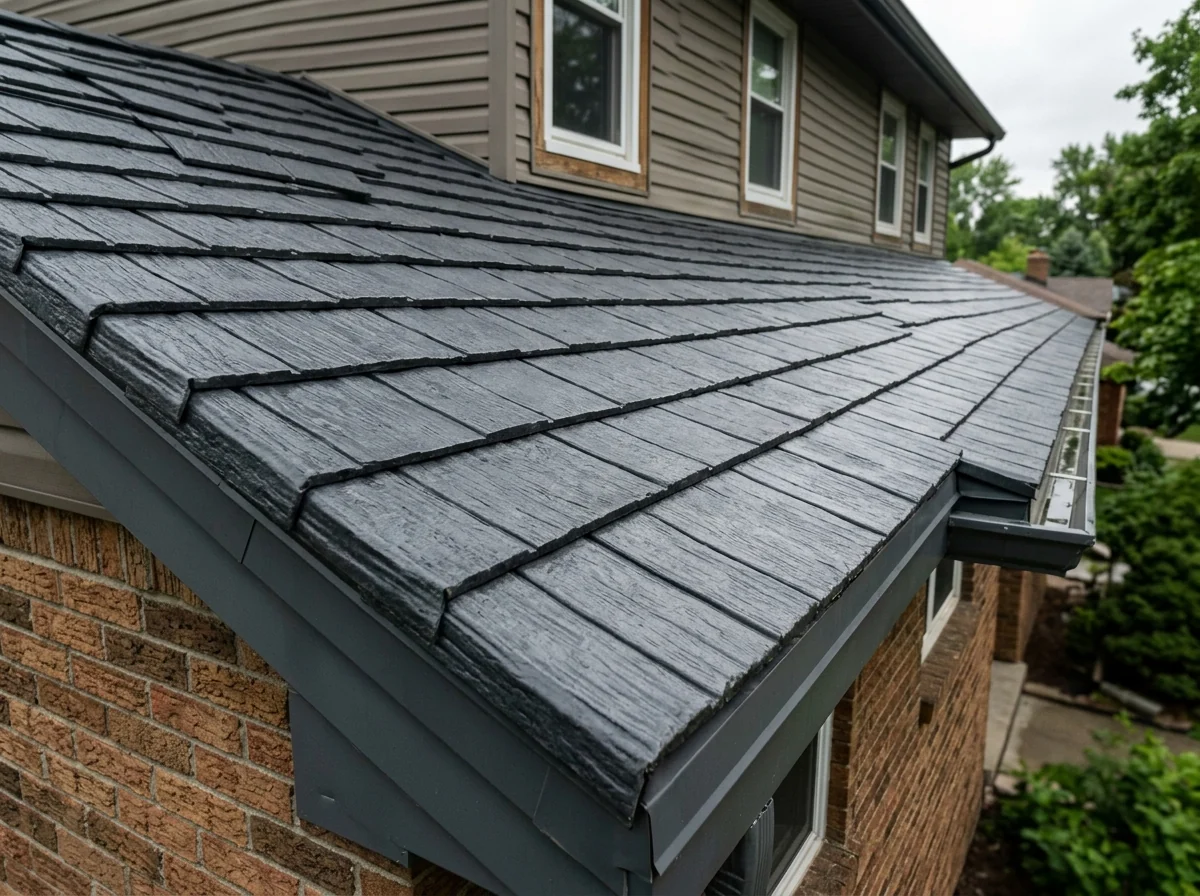 Close view of interlocking stamped steel shingle panels in dark gray with a shake texture, overlapping in courses on a pitched roof