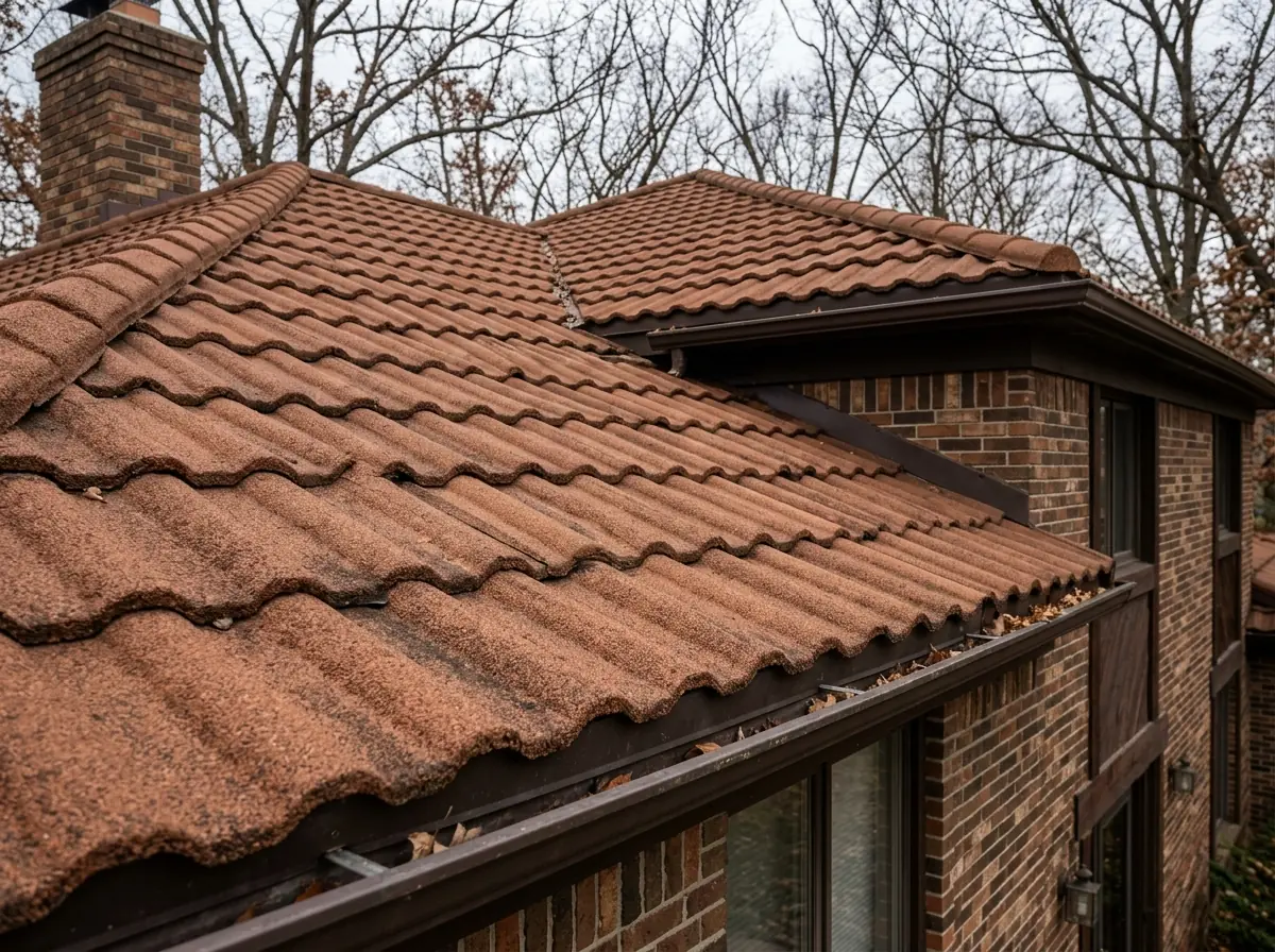 Stone-coated steel roof panels shaped like terracotta-brown barrel tiles, with a textured granule surface, on a two-story house