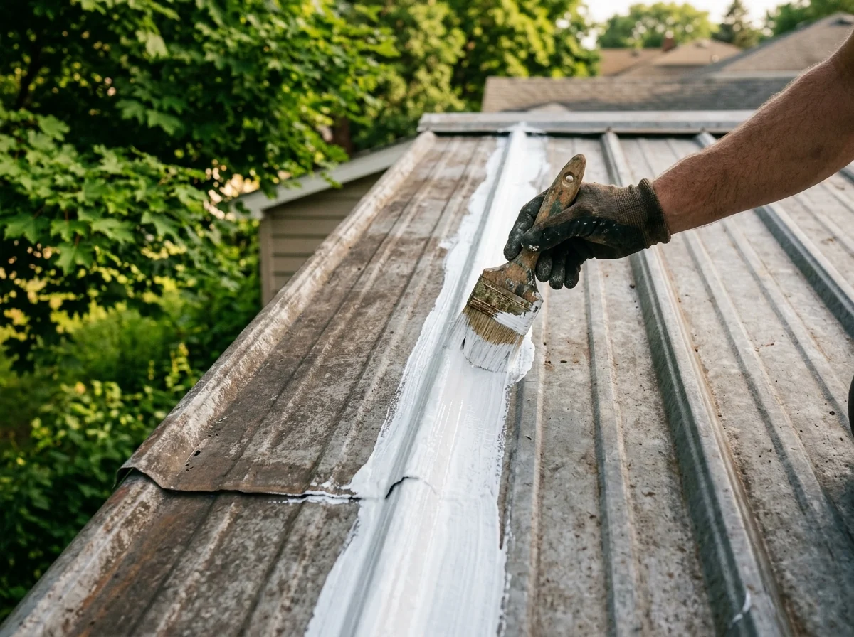 White elastomeric acrylic coating being brushed into the seams of a sloped metal roof on a sunny day