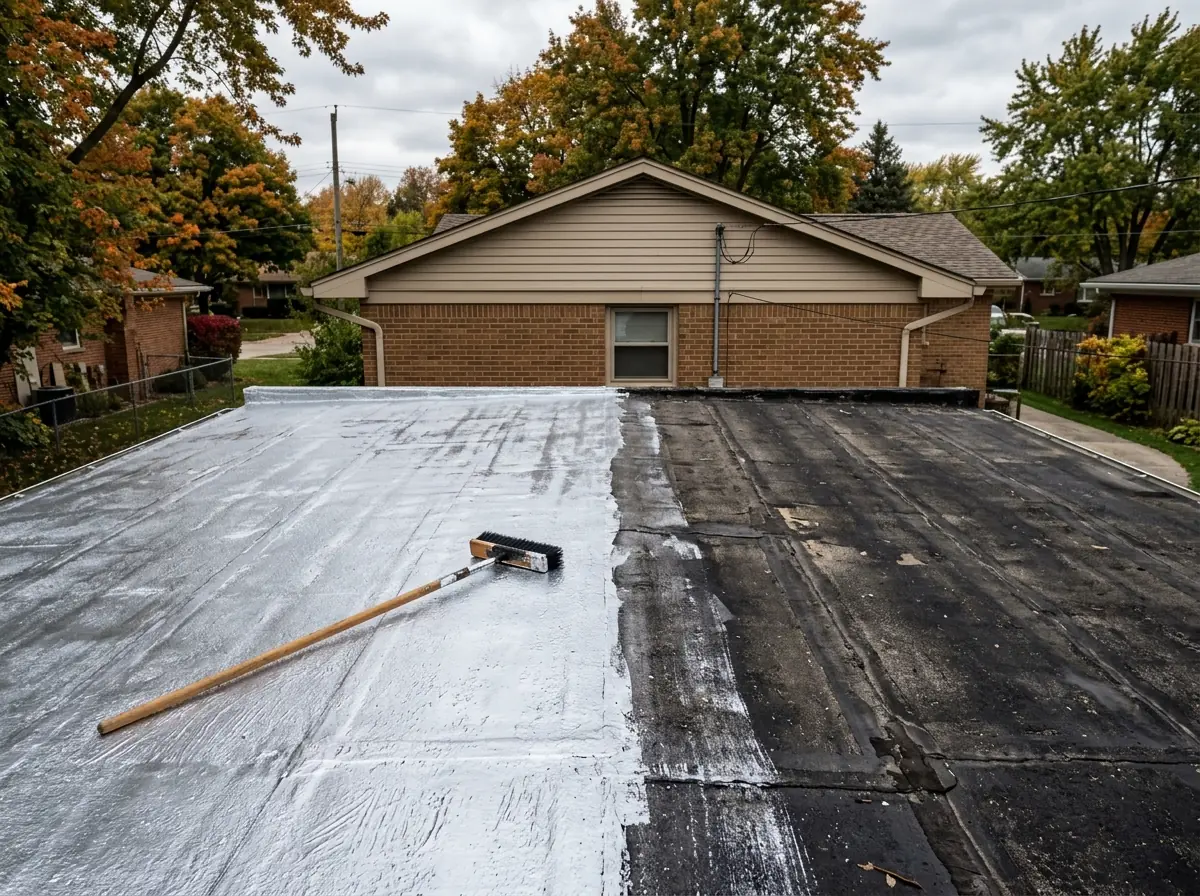 Silver fibered aluminum roof coating freshly brushed over a black asphalt roll roof on a flat garage